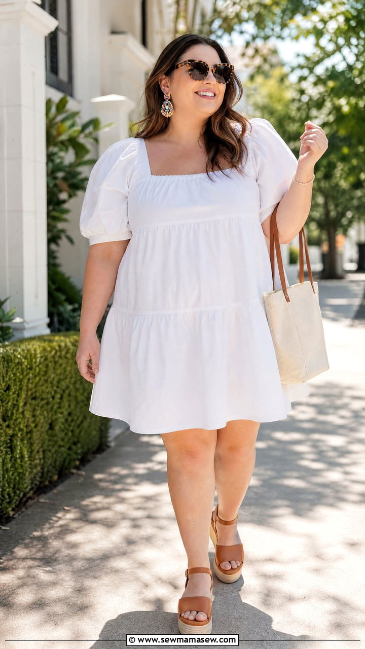 Plus Size Puff Sleeve Cotton Dress With Platform Sandals - 20 plus size puff sleeve dress outfit ideas