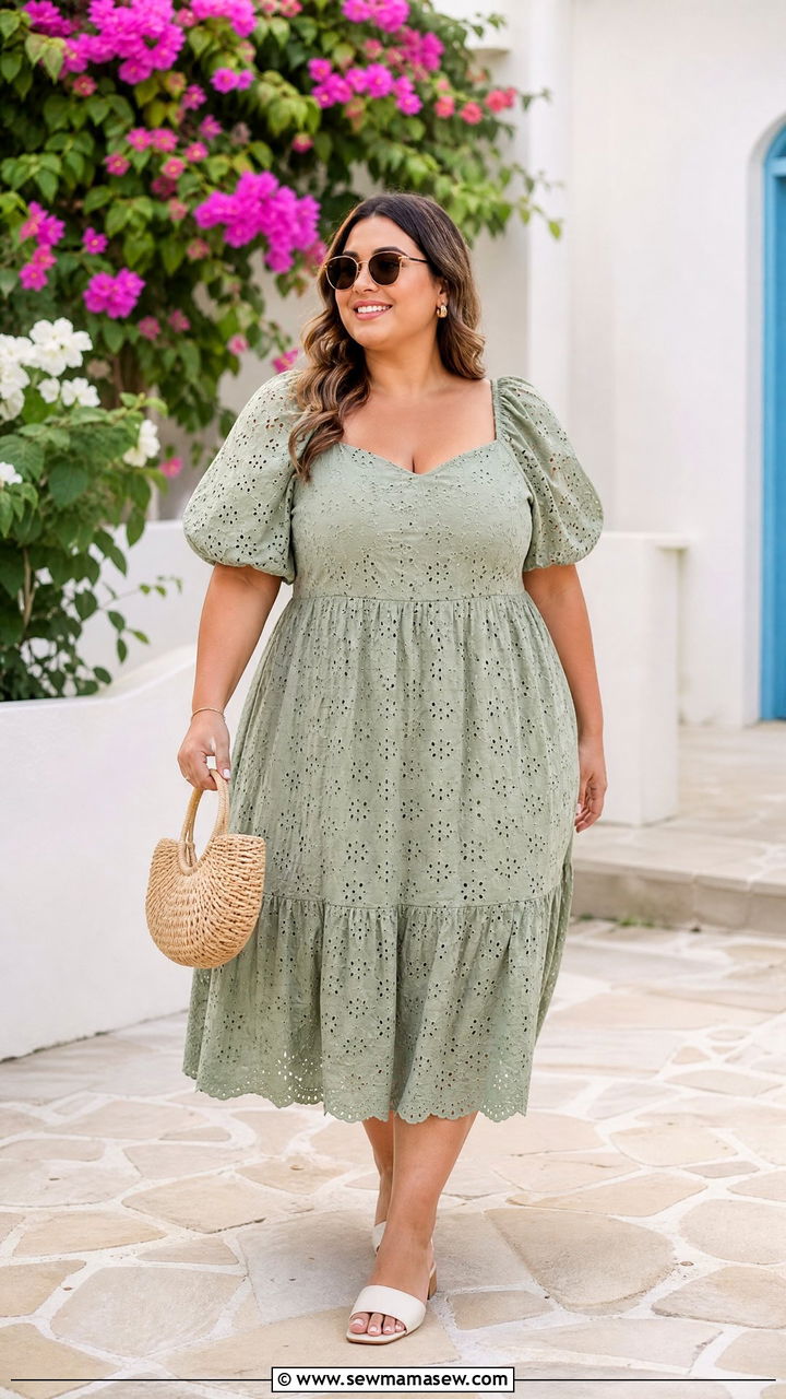 Plus Size Puff Sleeve Eyelet Dress With Raffia Bag - 20 plus size puff sleeve dress outfit ideas