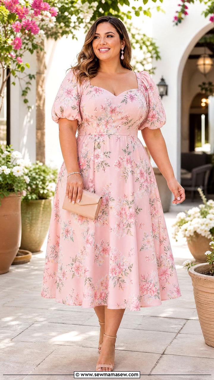 Plus Size Puff Sleeve Floral Dress With Nude Heels - 20 plus size puff sleeve dress outfit ideas