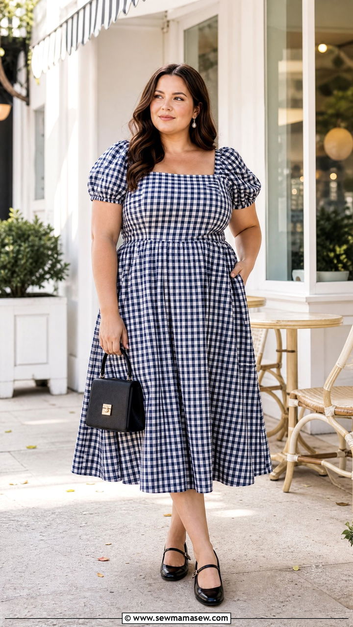 Plus Size Puff Sleeve Gingham Dress With Mary Janes - 20 plus size puff sleeve dress outfit ideas