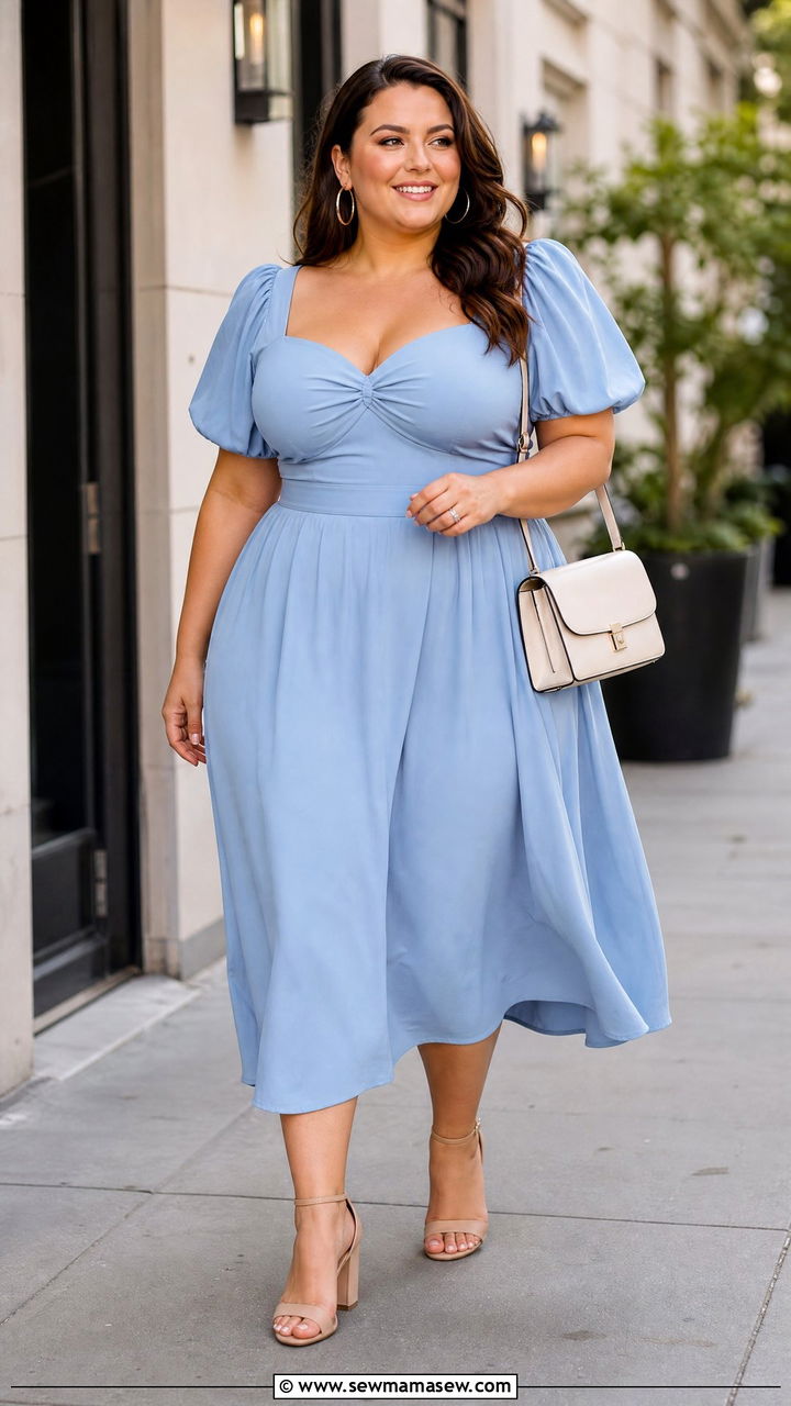 Plus Size Puff Sleeve Midi Dress With Block Heels - 20 plus size puff sleeve dress outfit ideas