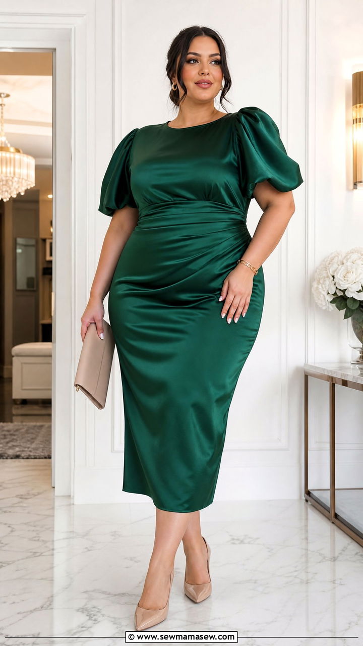Plus Size Puff Sleeve Satin Dress With Pointed Heels - 20 plus size puff sleeve dress outfit ideas