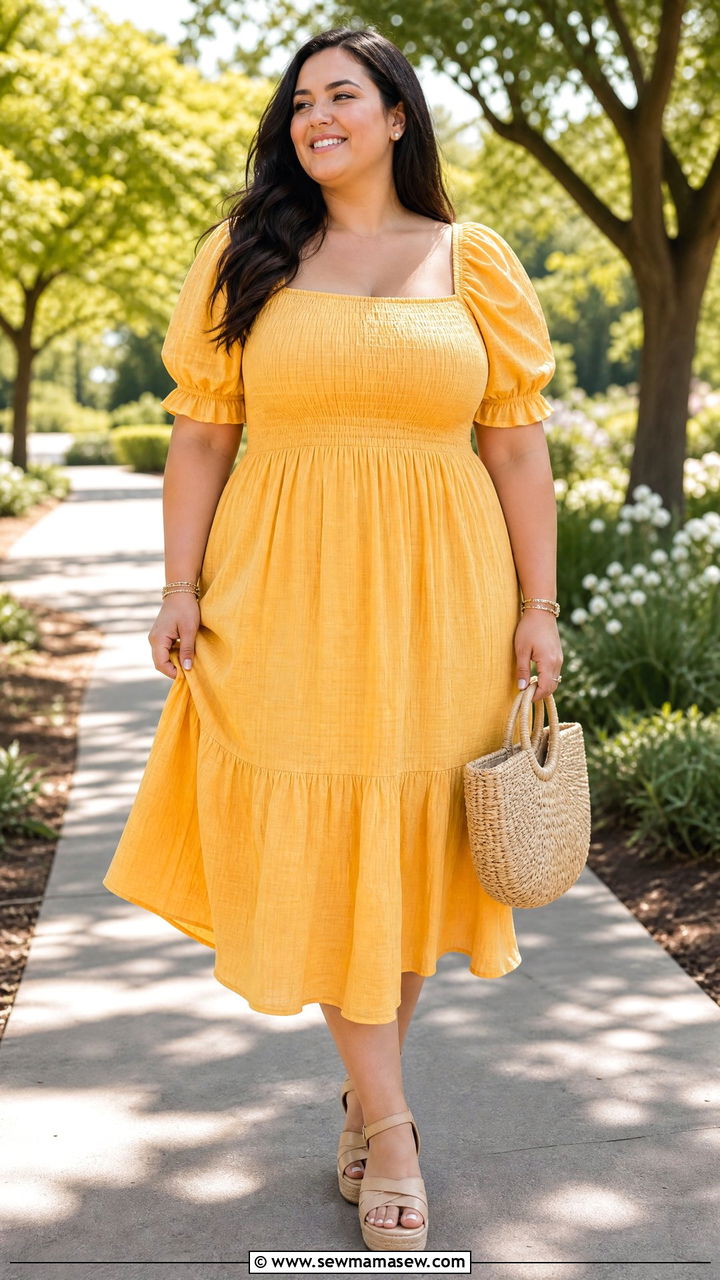 Plus Size Puff Sleeve Smocked Dress With Espadrilles - 20 plus size puff sleeve dress outfit ideas