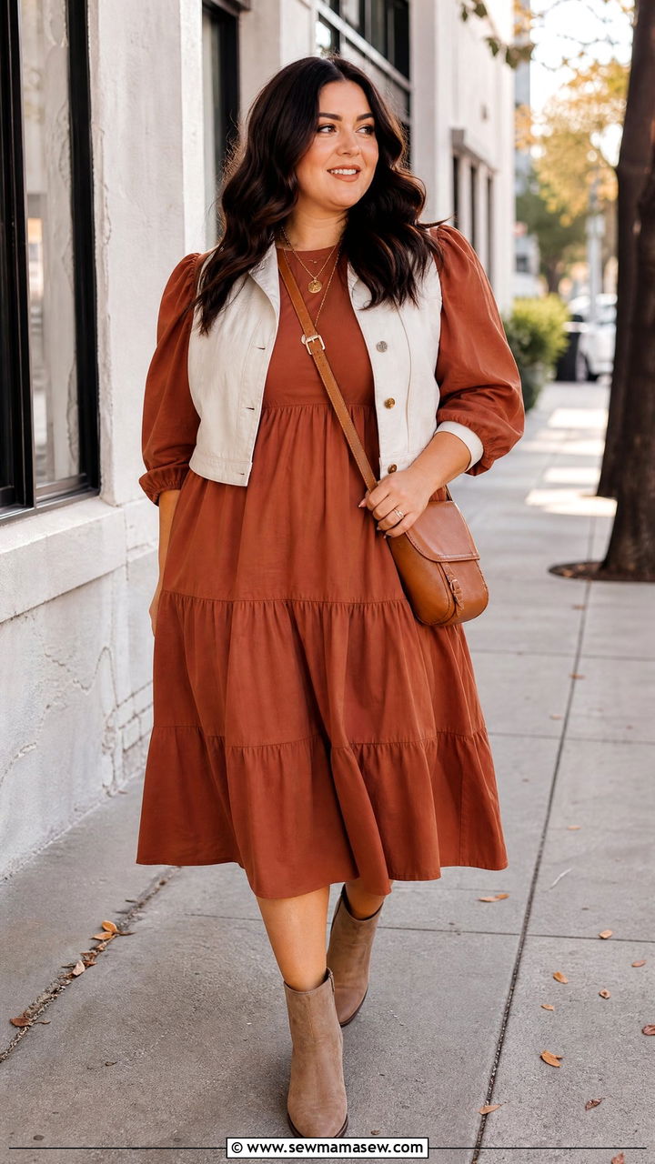 Plus Size Puff Sleeve Tiered Dress With Ankle Boots - 20 plus size puff sleeve dress outfit ideas