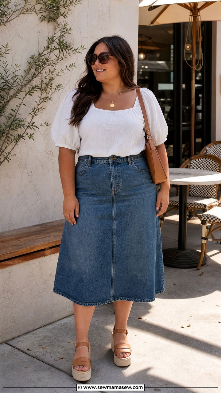 Plus Size Puff Sleeve Top With A Denim Skirt - 20 plus size puff sleeve top outfit ideas