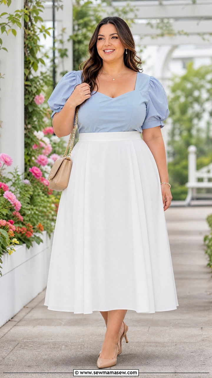 Plus Size Puff Sleeve Top With A Midi Skirt - 20 plus size puff sleeve top outfit ideas