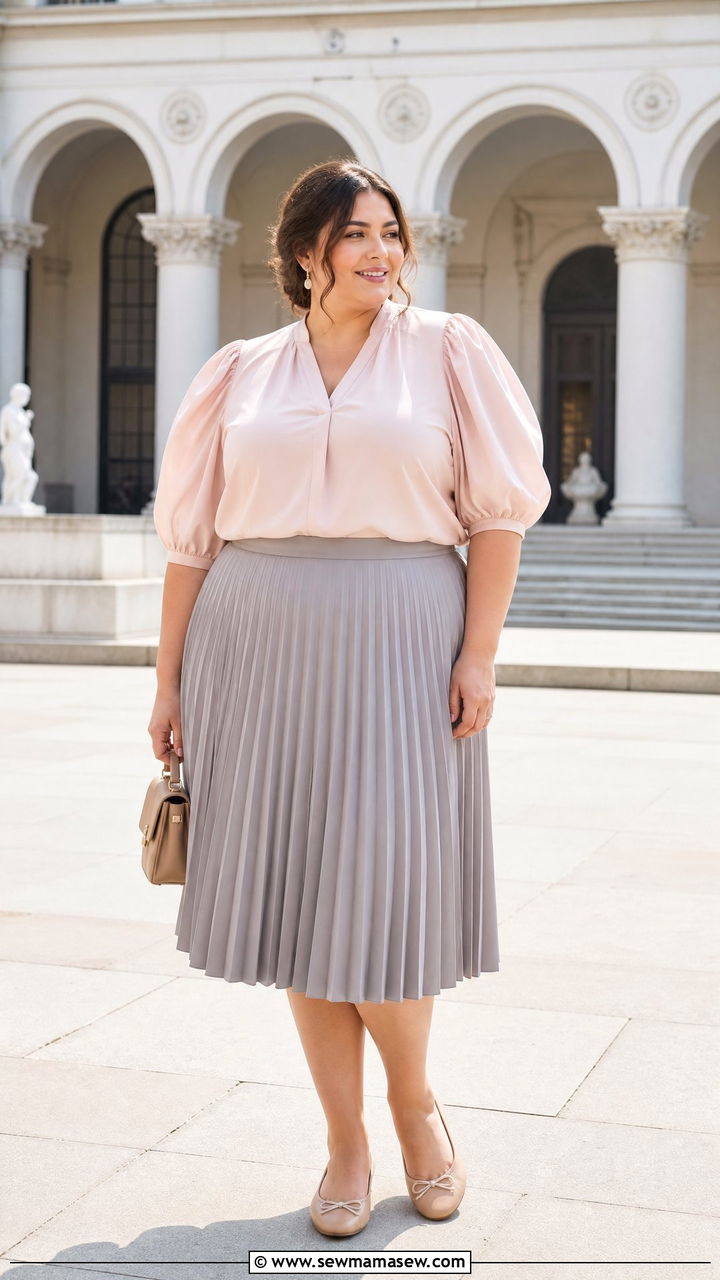 Plus Size Puff Sleeve Top With A Pleated Skirt - 20 plus size puff sleeve top outfit ideas