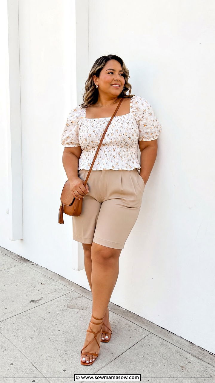 Plus Size Puff Sleeve Top With Bermuda Shorts - 20 plus size summer top outfit ideas