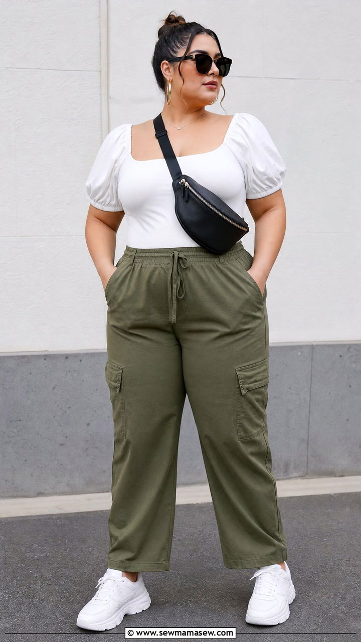 Plus Size Puff Sleeve Top With Cargo Pants - 20 plus size puff sleeve top outfit ideas