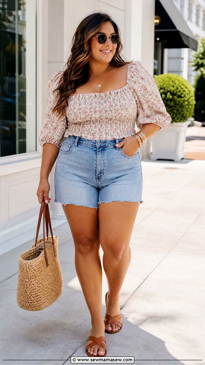Plus Size Puff Sleeve Top With Denim Shorts - 20 plus size puff sleeve top outfit ideas
