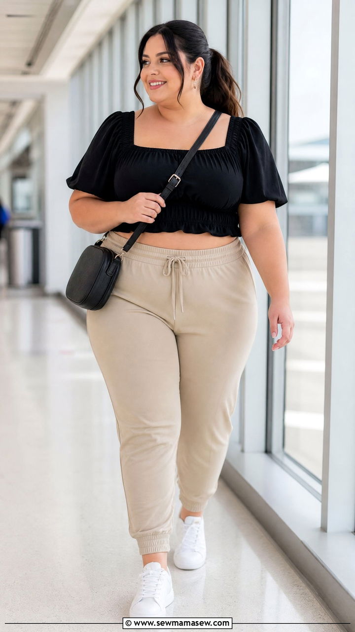 Plus Size Puff Sleeve Top With Joggers - 20 plus size puff sleeve top outfit ideas