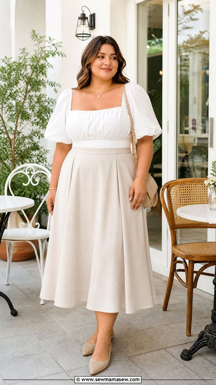 Plus Size Puff Sleeve Top With Midi Skirt Outfit - 20 plus size feminine top outfit ideas