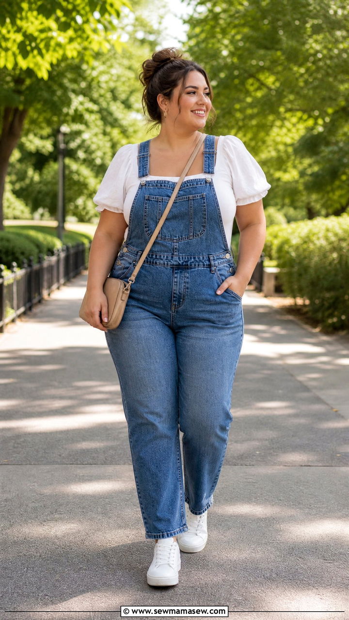 Plus Size Puff Sleeve Top With Overalls - 20 plus size puff sleeve top outfit ideas