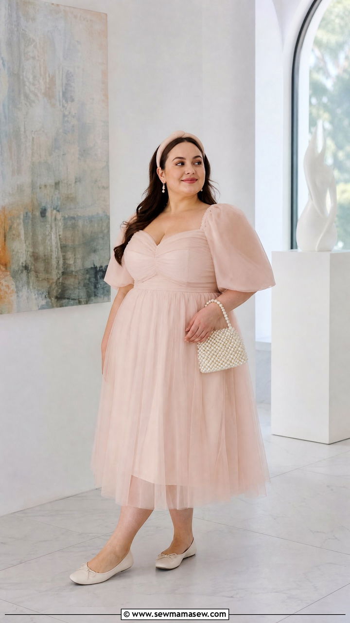 Plus Size Puff Sleeve Tulle Dress With Ballet Flats - 20 plus size puff sleeve dress outfit ideas