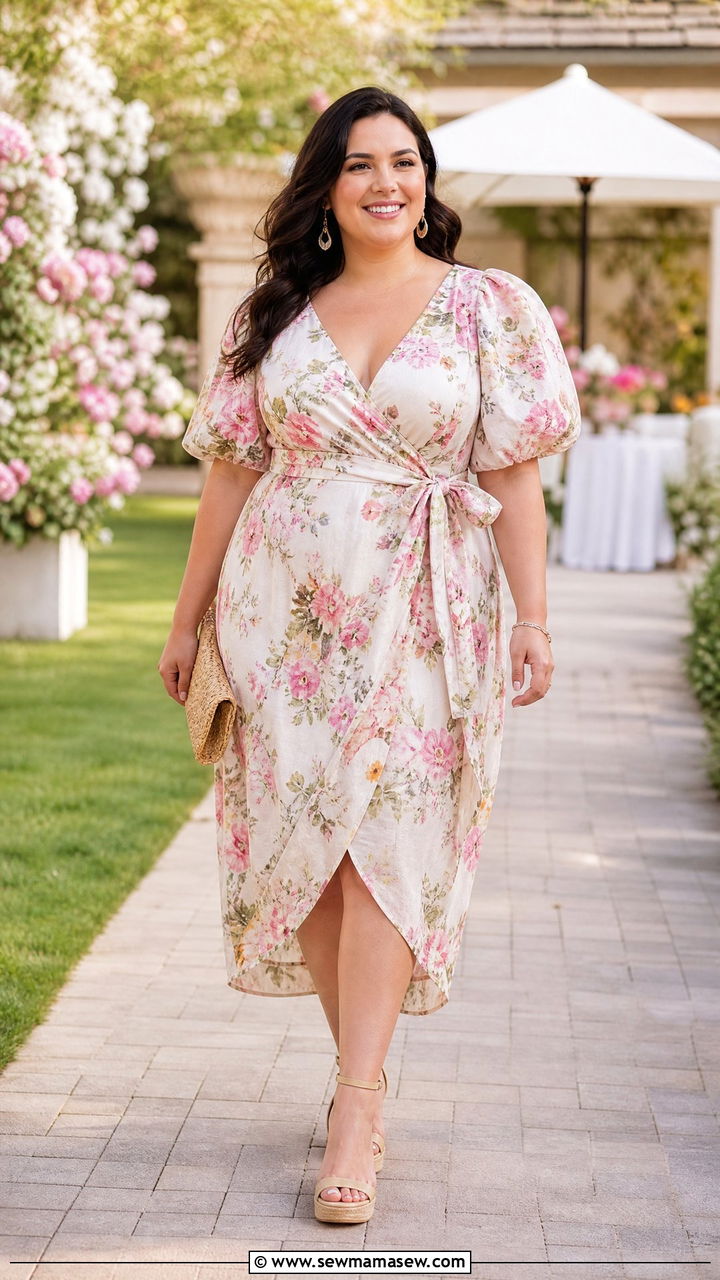 Plus Size Puff Sleeve Wrap Dress With Wedge Sandals - 20 plus size puff sleeve dress outfit ideas