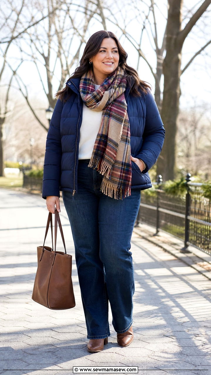 Plus Size Puffer Jacket With Plaid Scarf And Jeans - 20 plus size puffer jacket outfit ideas