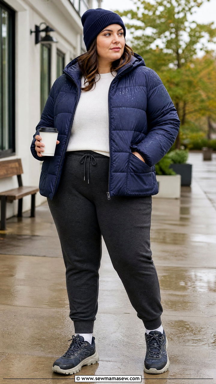 Plus Size Puffer Rain Jacket And Joggers Outfit - 20 plus size rainy day outfit ideas
