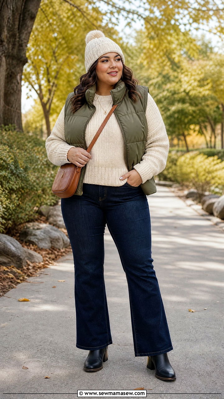 Plus Size Puffer Vest Outfit With Sweater And Jeans - 20 plus size layering outfit ideas