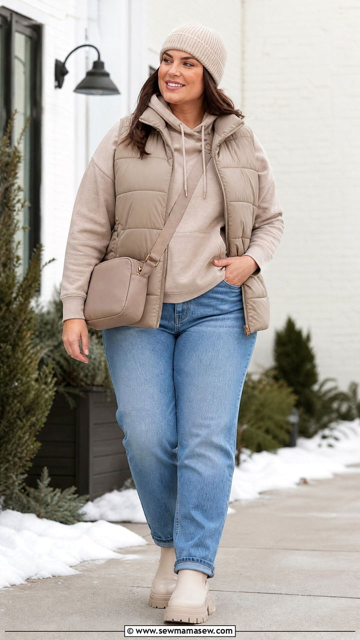 Plus Size Puffer Vest With Boots And Hoodie - 20 plus size winter outfit ideas with boots