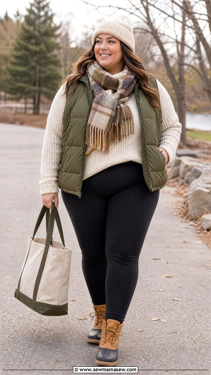 Plus Size Puffer Vest With Duck Boots - 20 plus size outfit ideas with boots