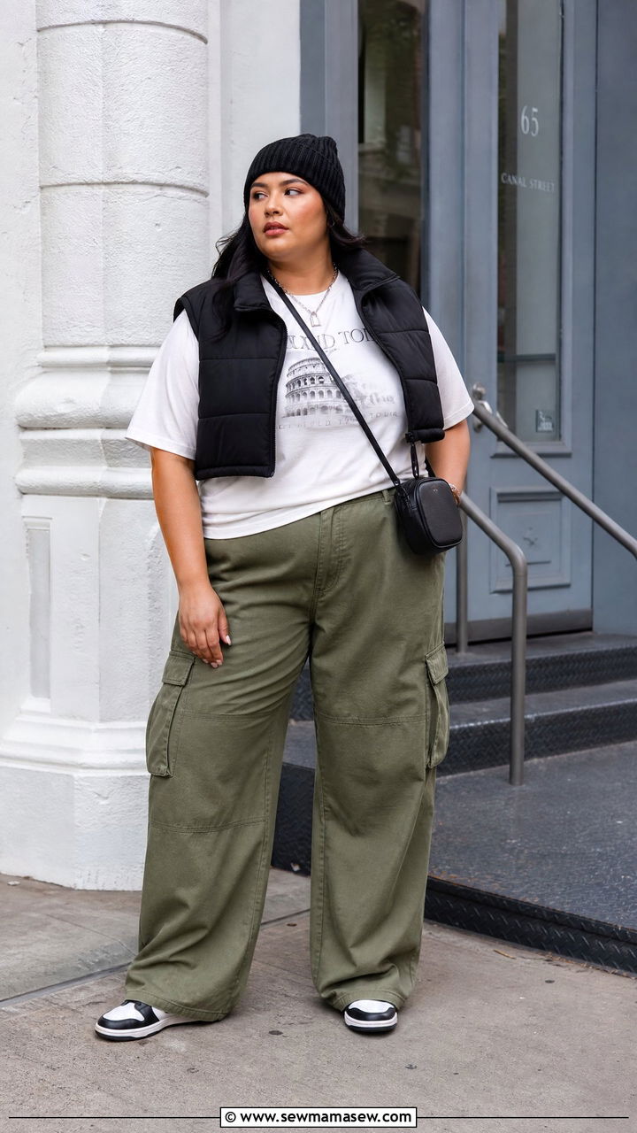 Plus Size Puffer Vest With Tee Outfit - 20 plus size streetwear top outfit ideas