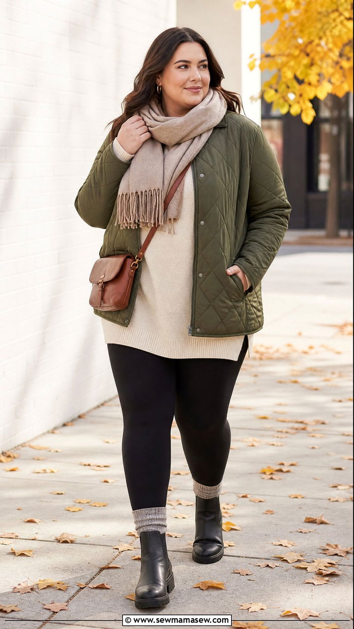 Plus Size Quilted Jacket With Black Leggings - 20 plus size cozy fall outfits