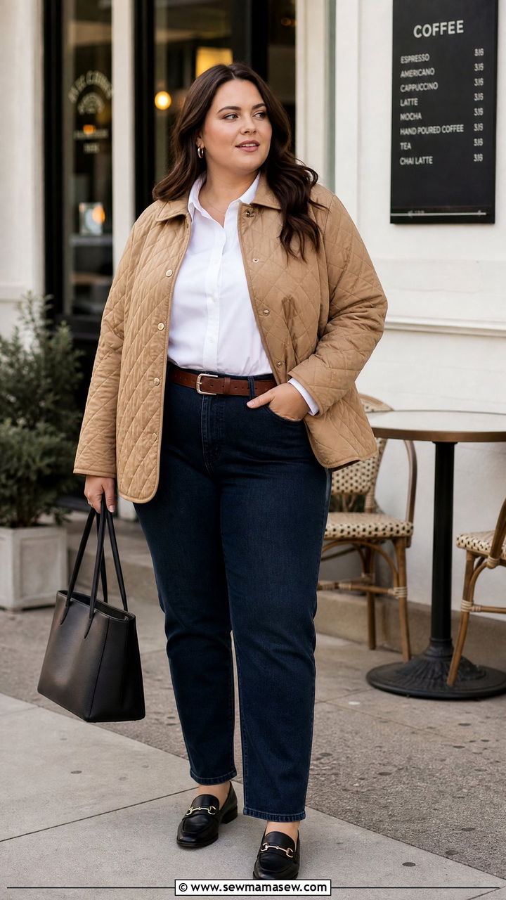 Plus Size Quilted Jacket With Button Down Shirt - 20 plus size quilted jacket outfit ideas