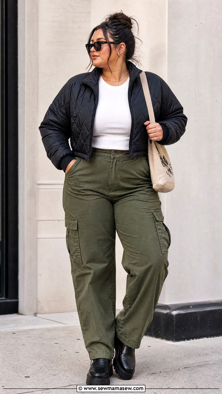 Plus Size Quilted Jacket With Cargo Pants - 20 plus size quilted jacket outfit ideas