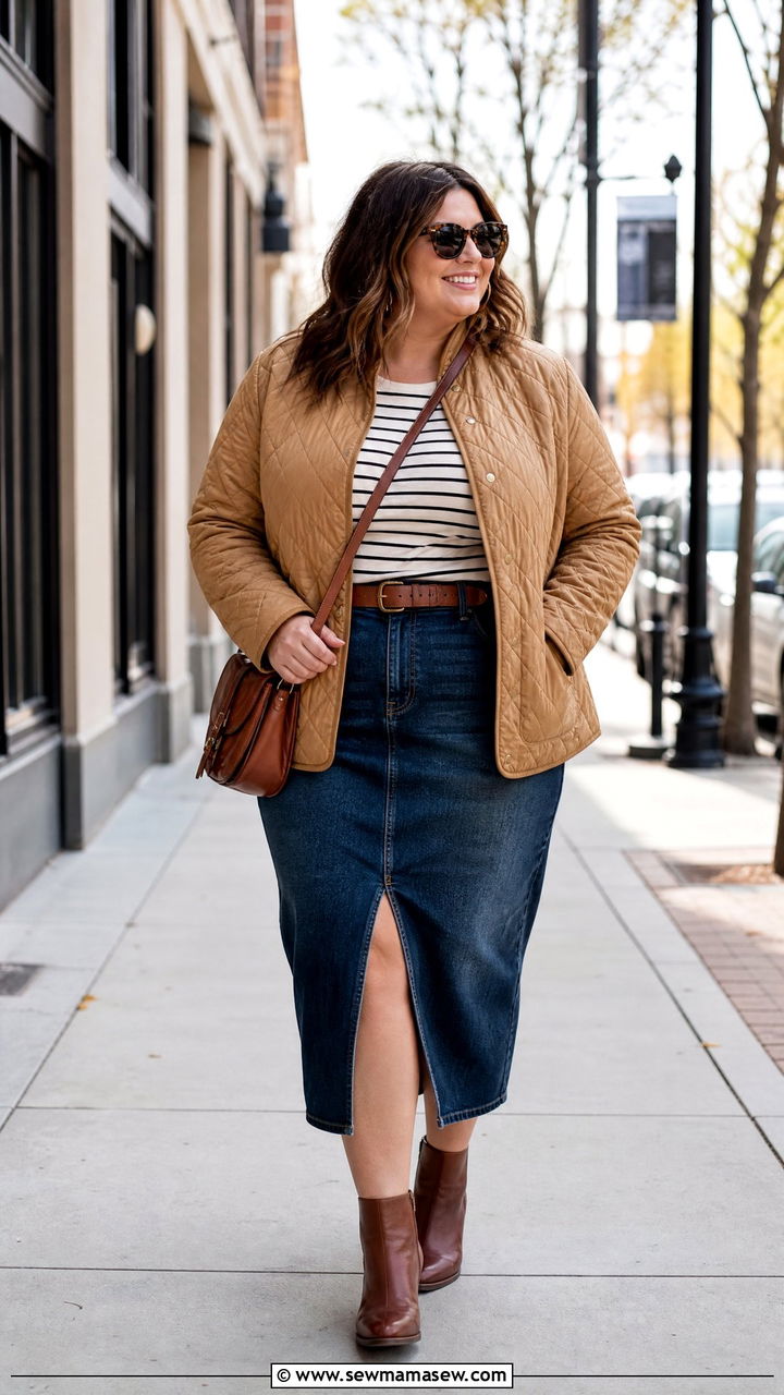 Plus Size Quilted Jacket With Denim Skirt - 20 plus size quilted jacket outfit ideas