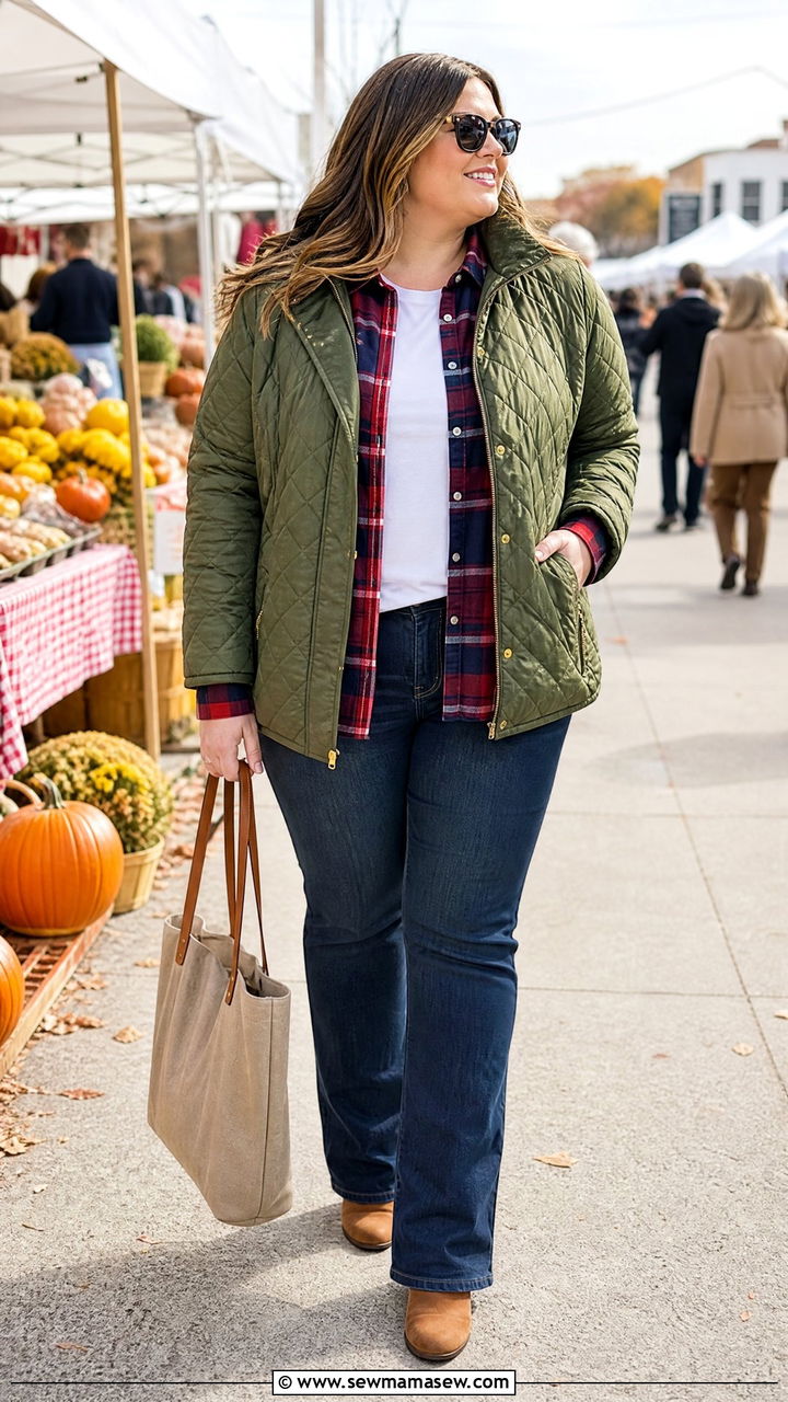 Plus Size Quilted Jacket With Flannel Shirt - 20 plus size quilted jacket outfit ideas