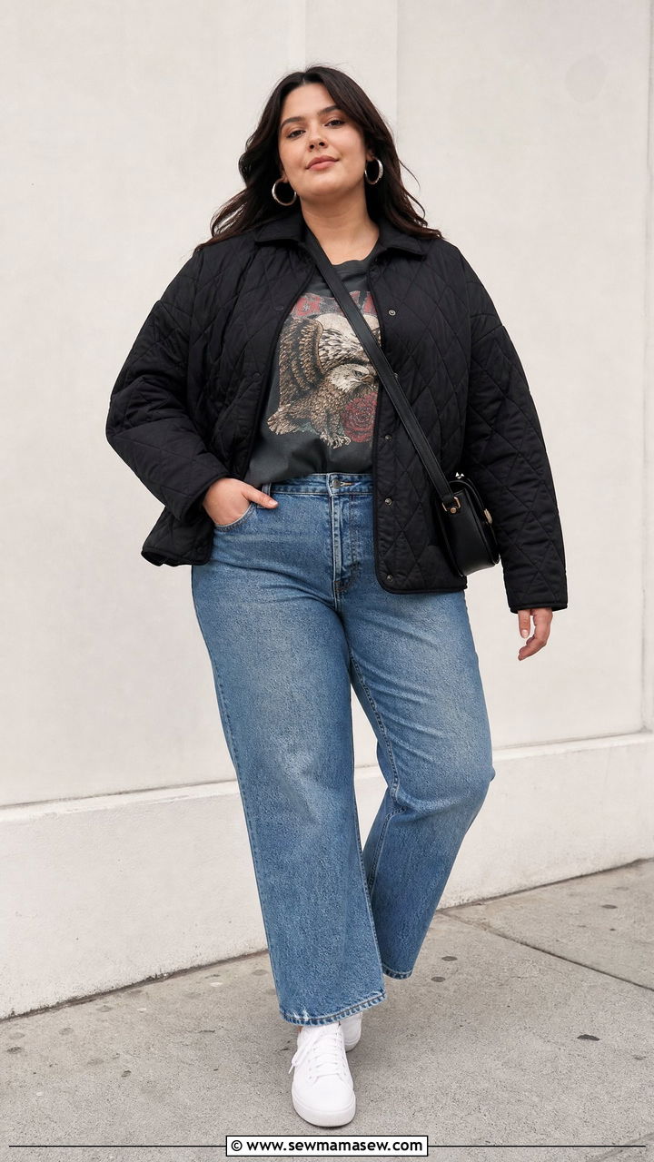Plus Size Quilted Jacket With Graphic Tee - 20 plus size quilted jacket outfit ideas