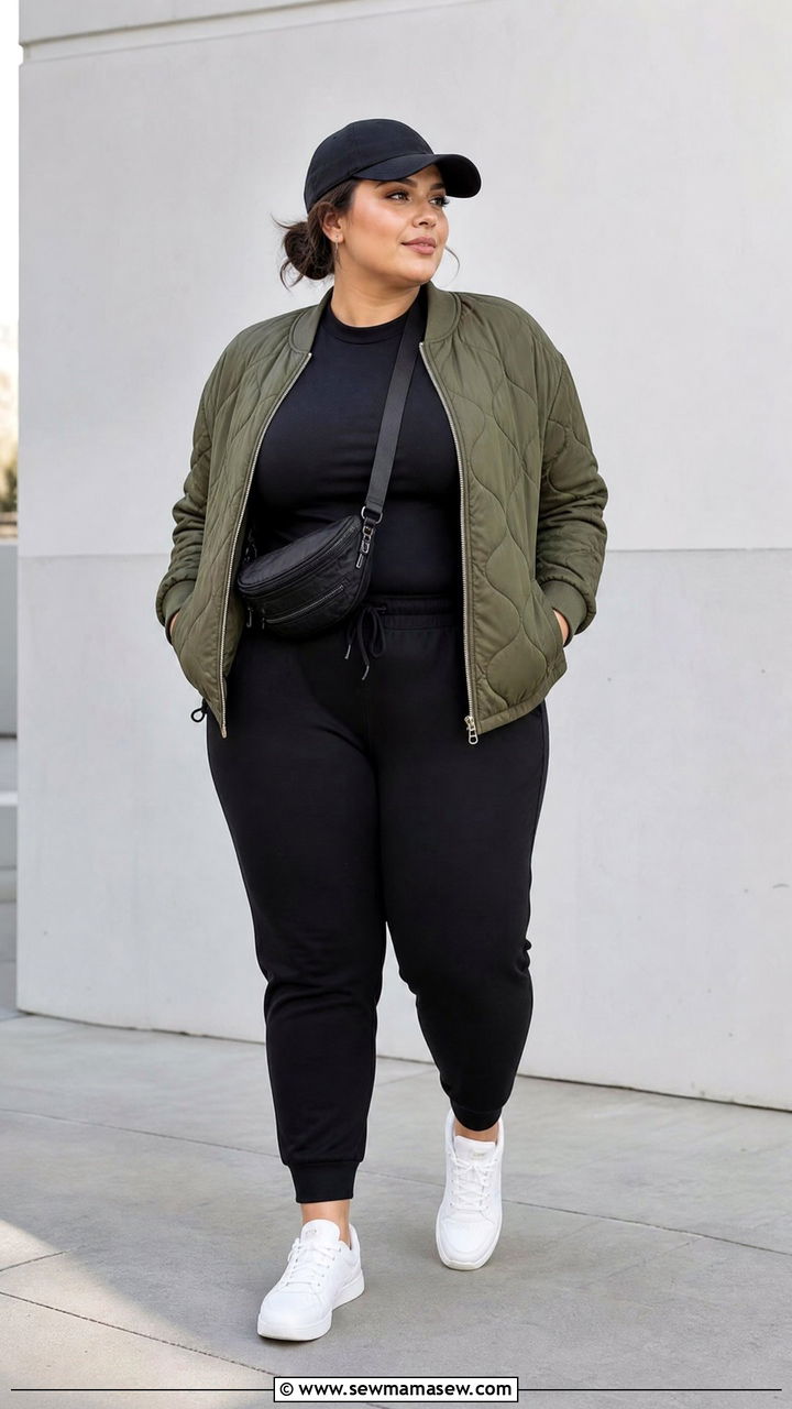 Plus Size Quilted Jacket With Joggers Outfit - 20 plus size layered fall outfit ideas