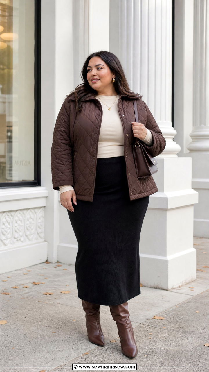 Plus Size Quilted Jacket With Long Skirt And Boots - 20 plus size quilted jacket outfit ideas