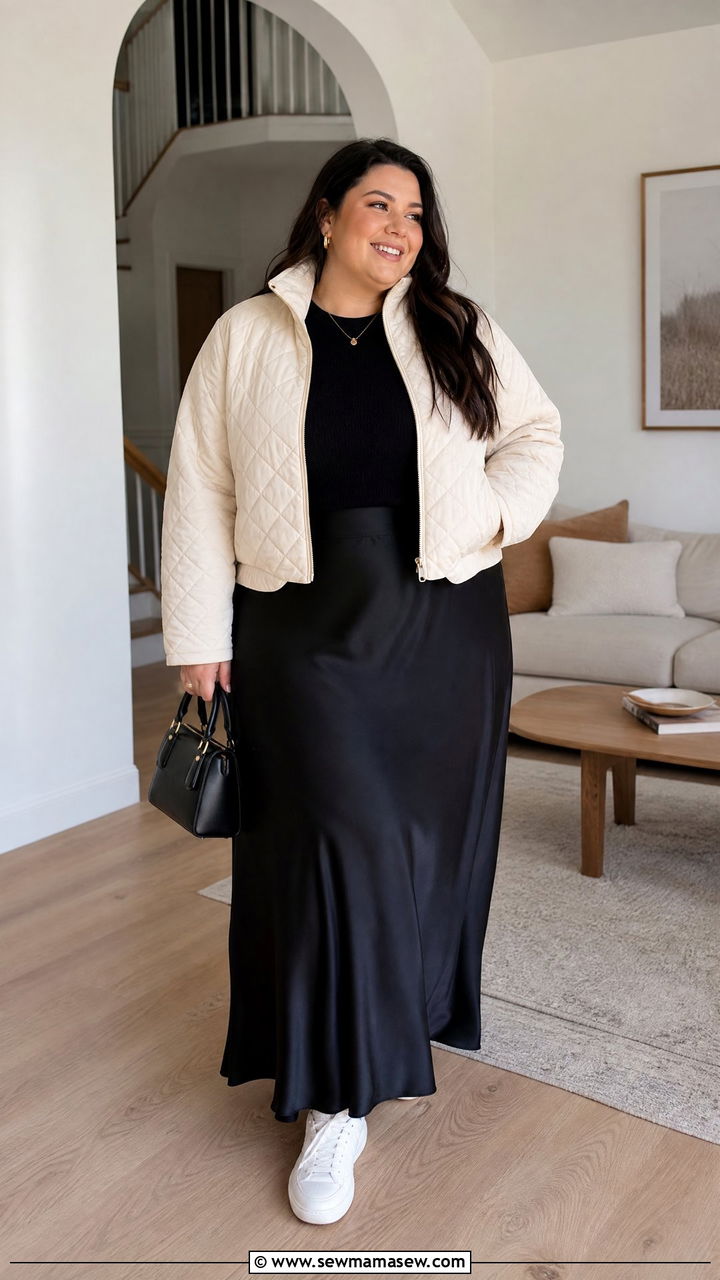 Plus Size Quilted Jacket With Maxi Skirt - 20 plus size quilted jacket outfit ideas