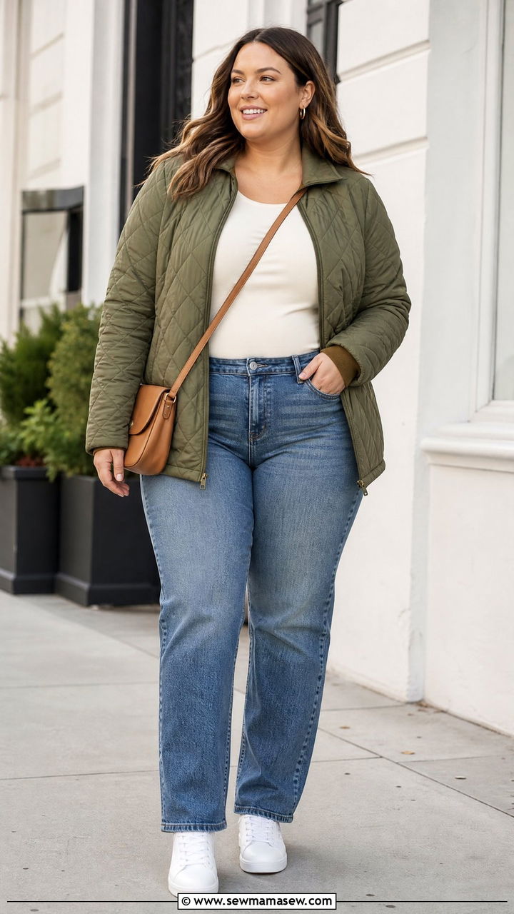 Plus Size Quilted Jacket With Straight Leg Jeans - 20 plus size quilted jacket outfit ideas