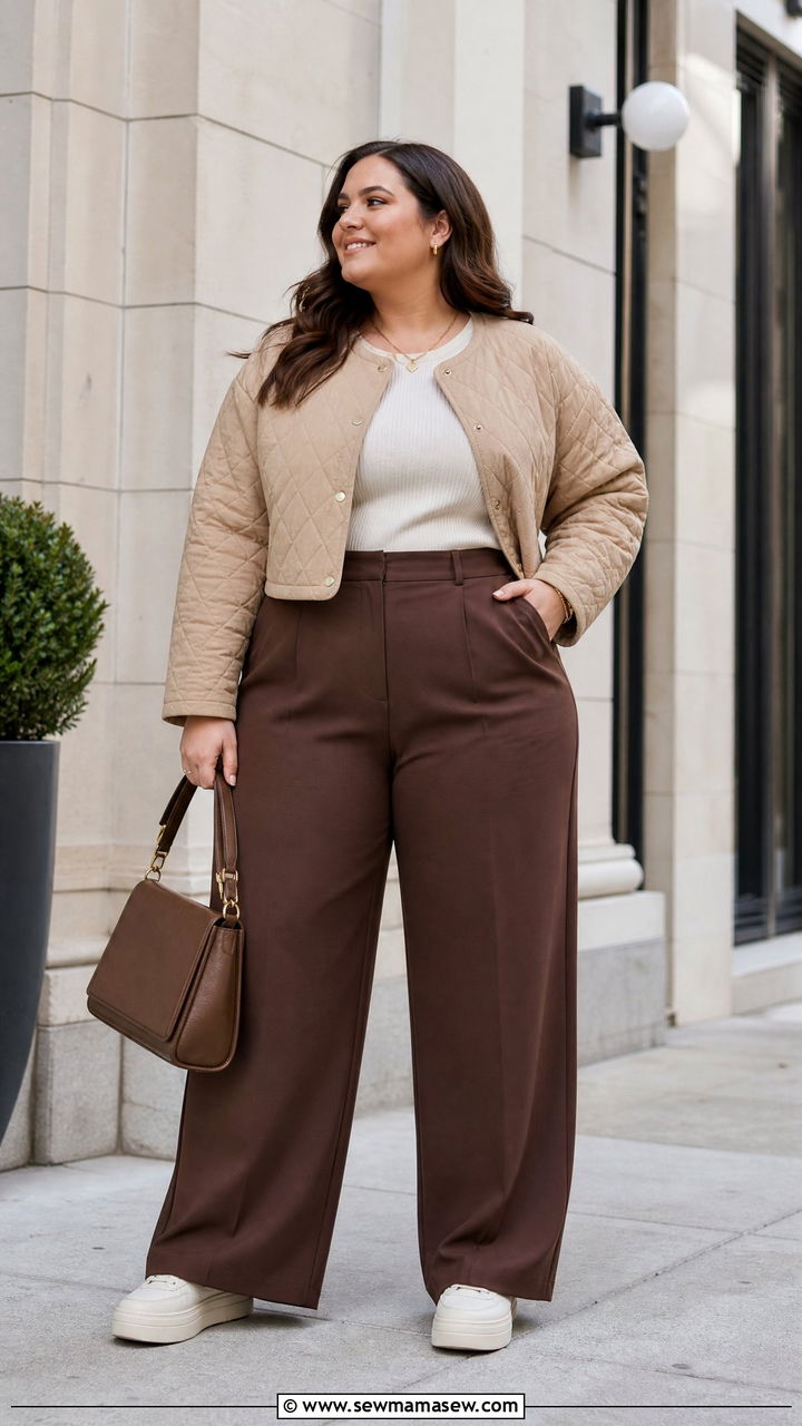 Plus Size Quilted Jacket With Wide Leg Pants - 20 plus size quilted jacket outfit ideas