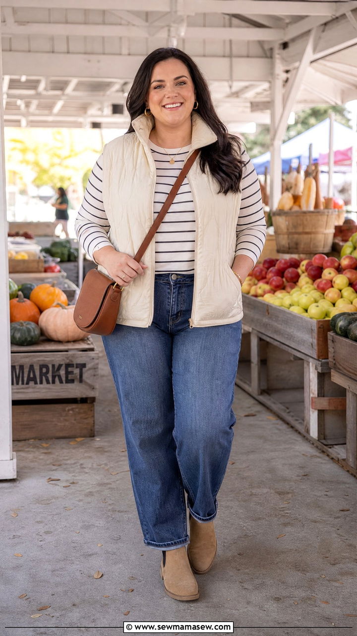 Plus Size Quilted Vest With Jeans - 20 plus size fall fashion outfit ideas