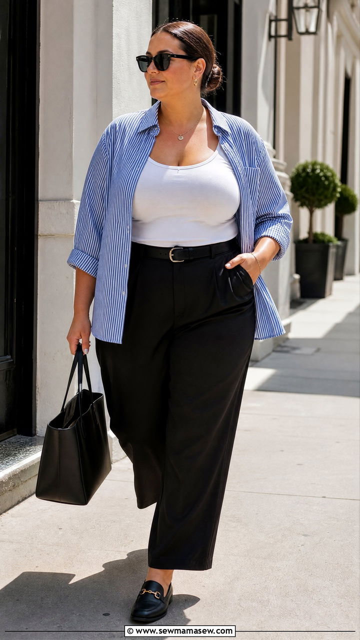 Plus Size Racerback Tank Top With Button Down Shirt And Trousers - 20 plus size racerback tank top outfit ideas