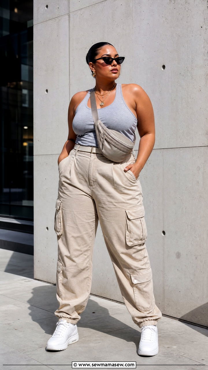 Plus Size Racerback Tank Top With Cargo Pants - 20 plus size racerback tank top outfit ideas