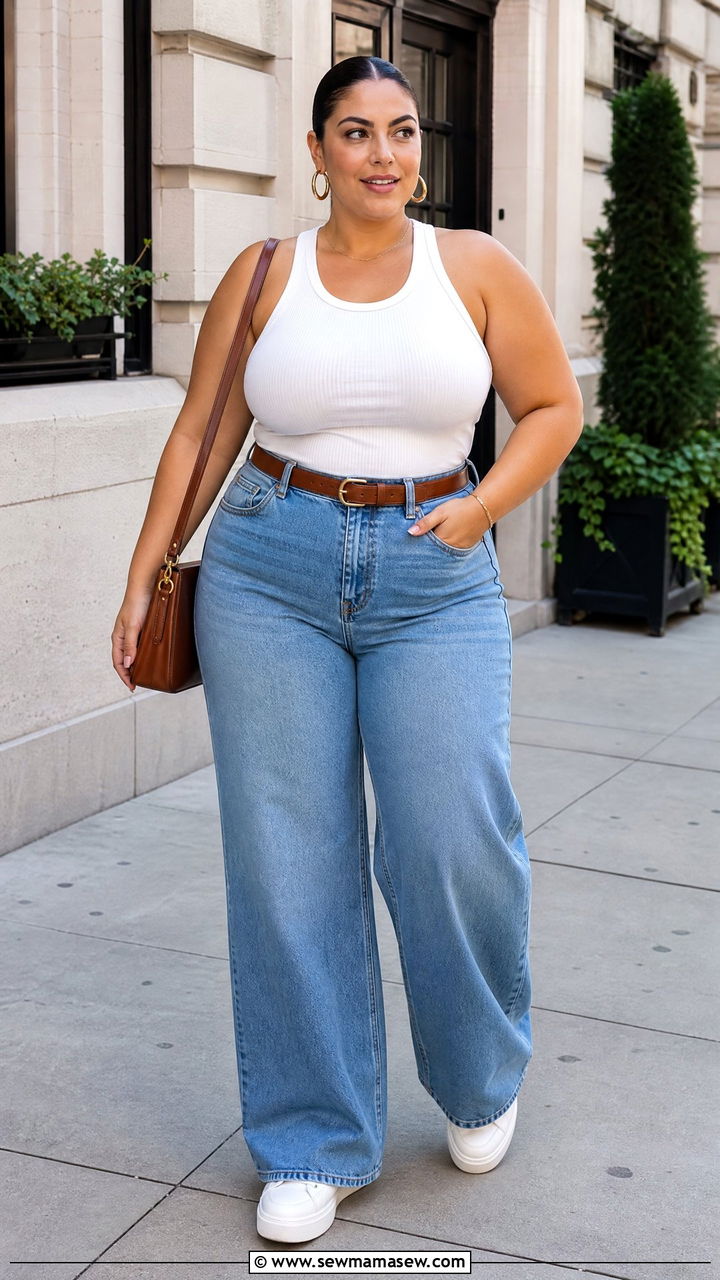Plus Size Racerback Tank Top With Wide Leg Jeans - 20 plus size racerback tank top outfit ideas