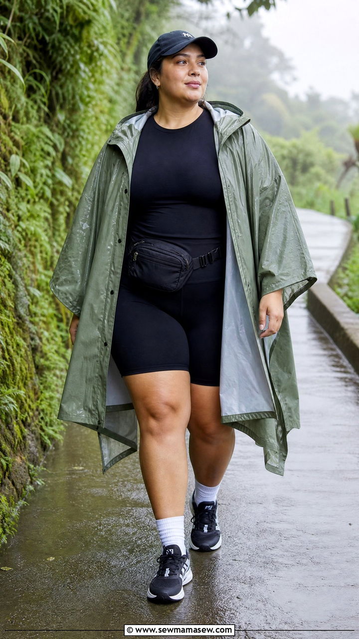 Plus Size Rain Poncho And Biker Shorts Outfit - 20 plus size rainy day outfit ideas