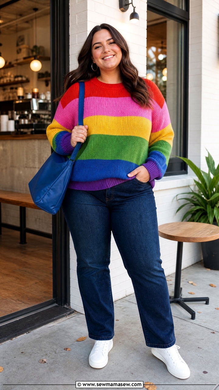 Plus Size Rainbow Stripe Sweater Outfit - 20 plus size bright color outfit ideas