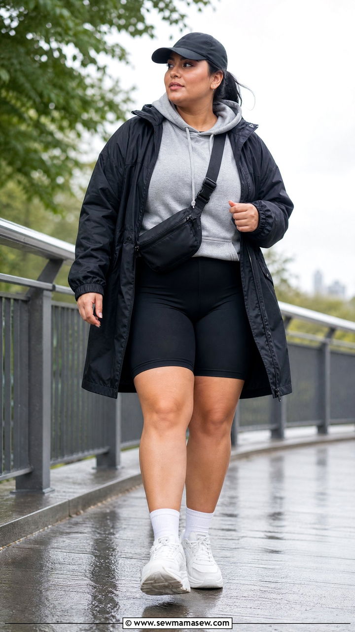 Plus Size Raincoat With Hoodie And Biker Shorts - 20 plus size raincoat outfit ideas
