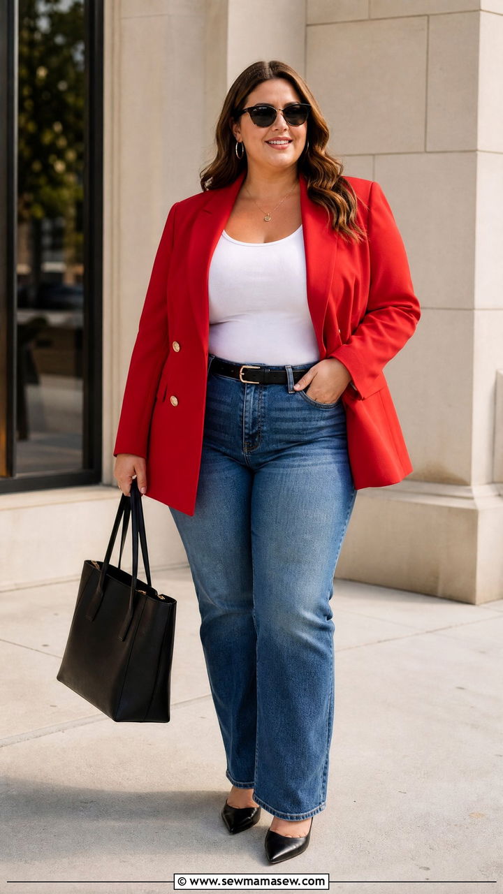 Plus Size Red Blazer And Jeans Outfit - 20 plus size red outfit ideas