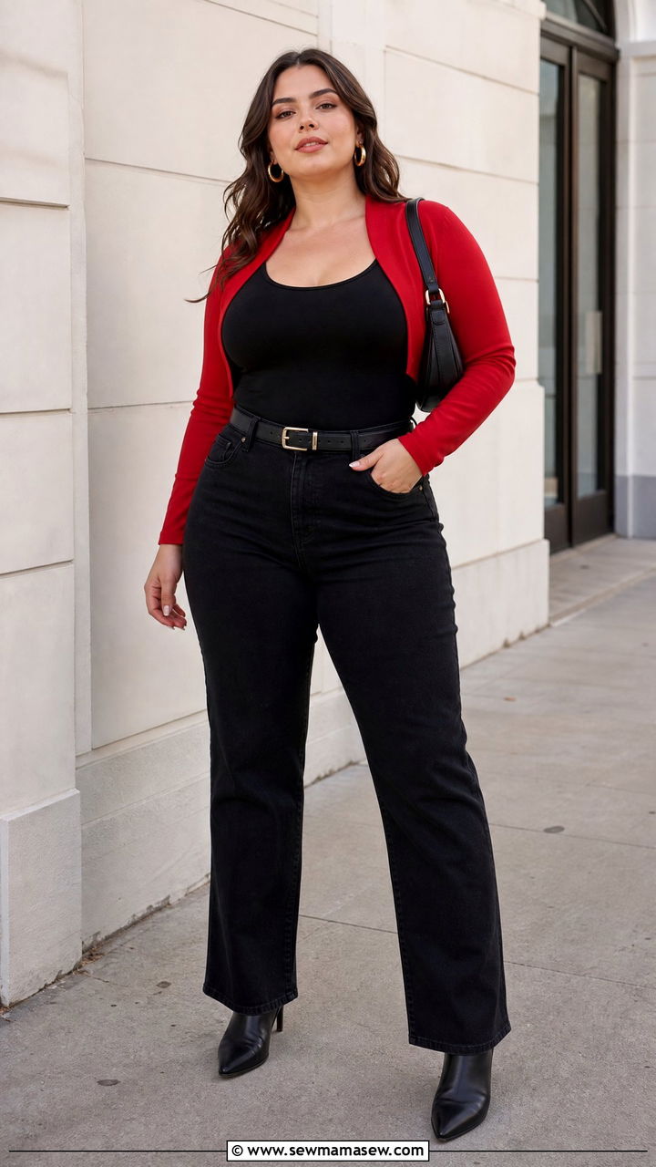 Plus Size Red Bolero Top With Black Jeans - 20 plus size bolero top outfit ideas
