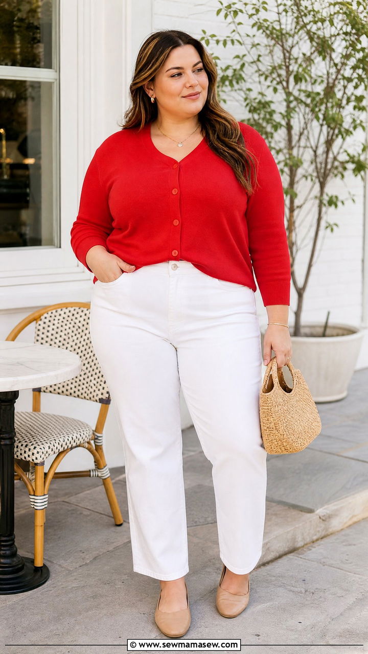 Plus Size Red Cardigan And White Jeans Outfit - 20 plus size red outfit ideas