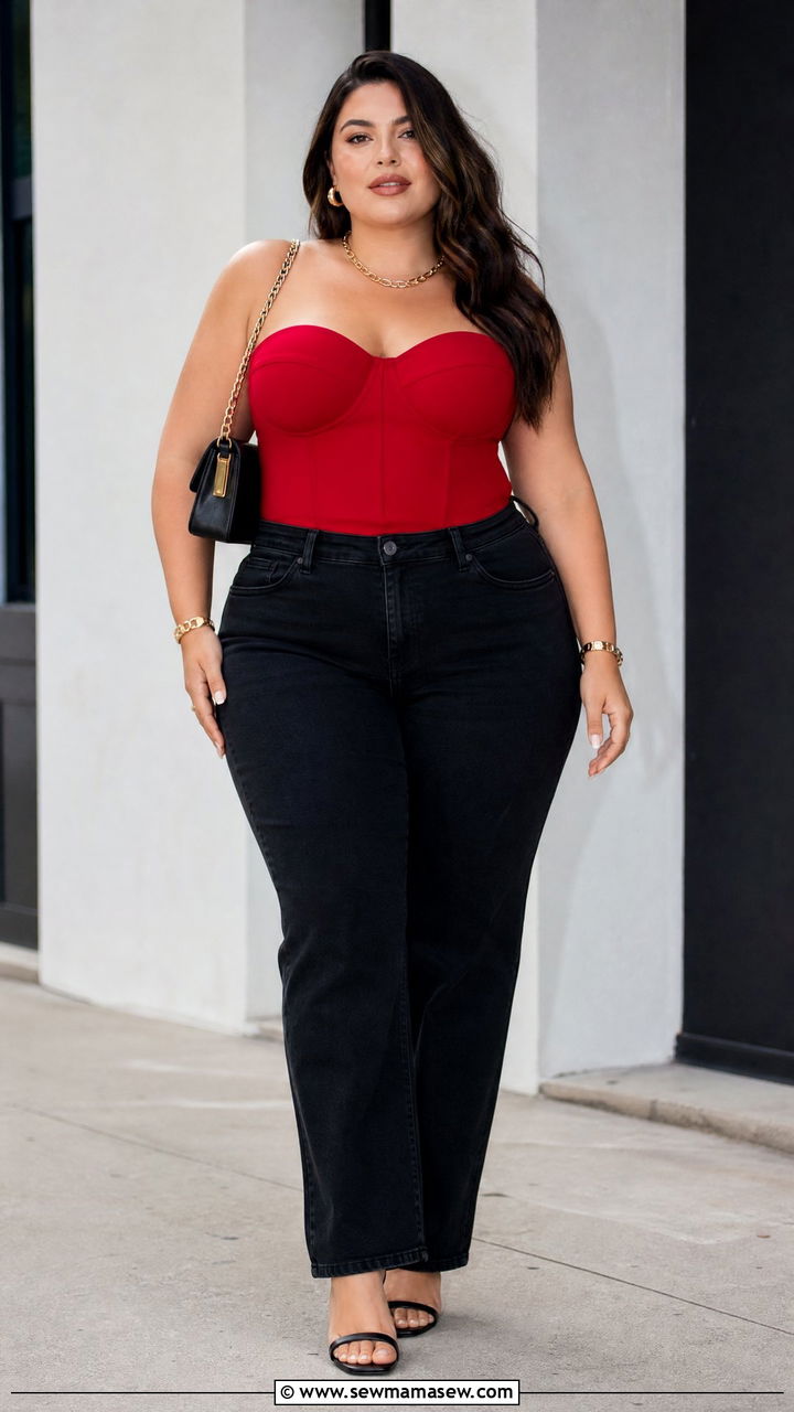 Plus Size Red Corset Top With Black Jeans - 20 plus size corset top outfit ideas for night out