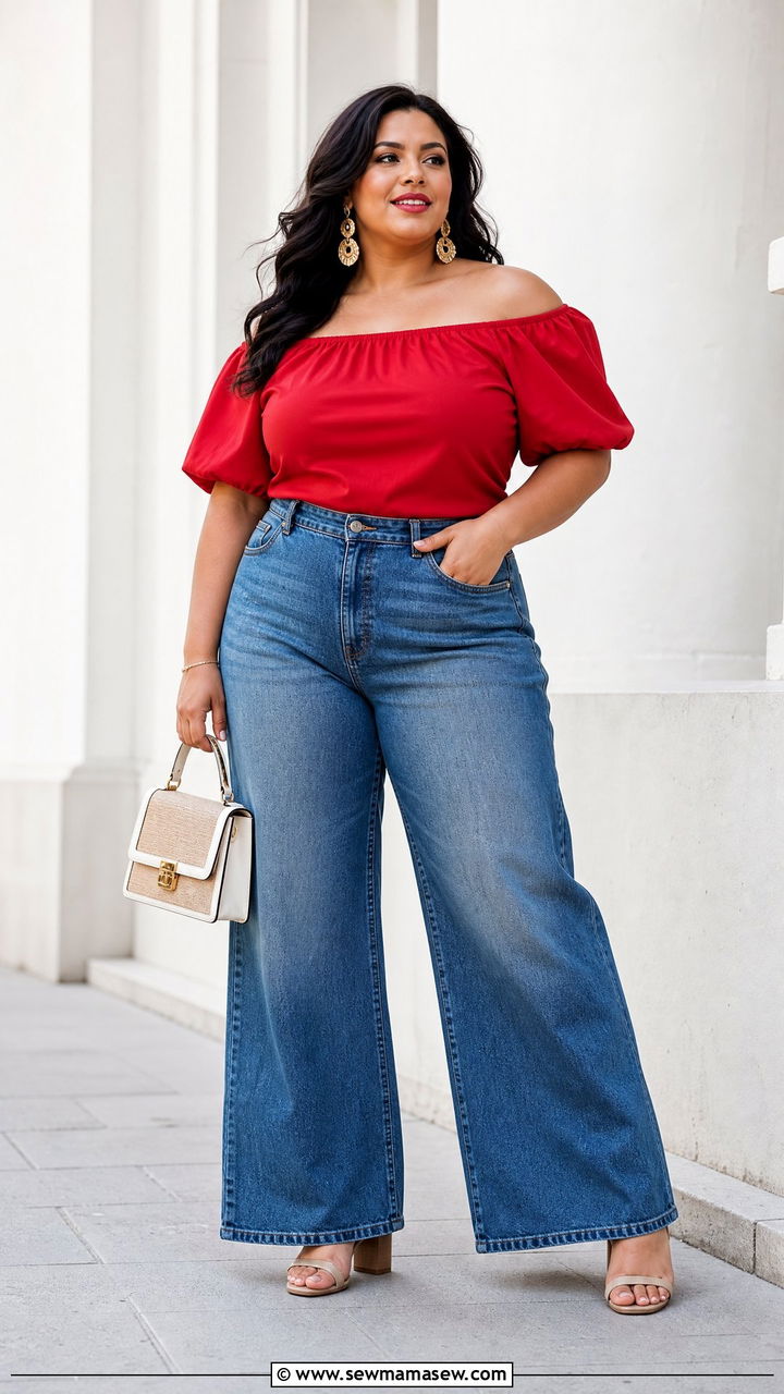 Plus Size Red Off Shoulder Top Outfit - 20 plus size red outfit ideas