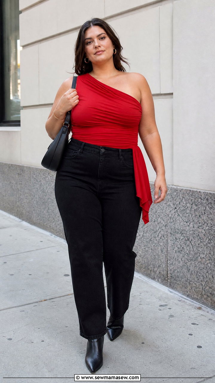 Plus Size Red One Shoulder Top With Black Jeans - 20 plus size one shoulder top outfit ideas