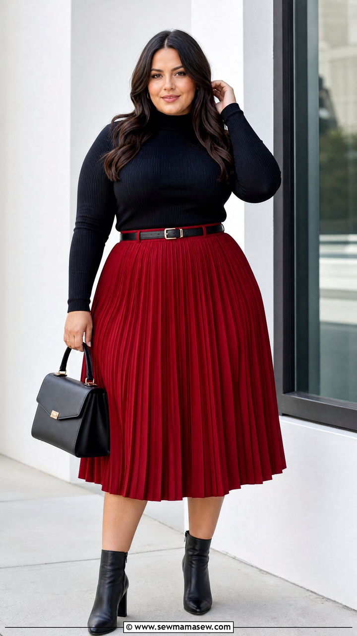 Plus Size Red Pleated Skirt Outfit - 20 plus size red outfit ideas